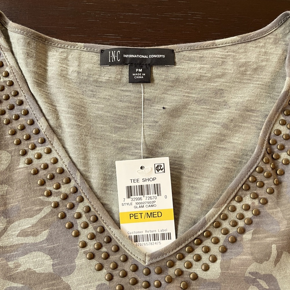 INC International Concepts Studded Camouflage Open Shoulder Top